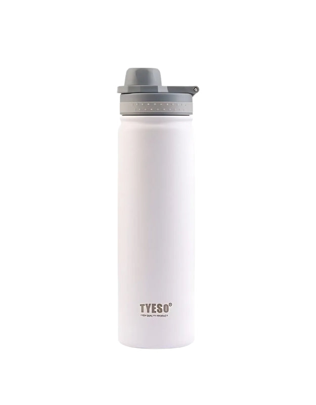 Water bottle vacuum stainless steel 750ml in white, leakproof flip-top cap.